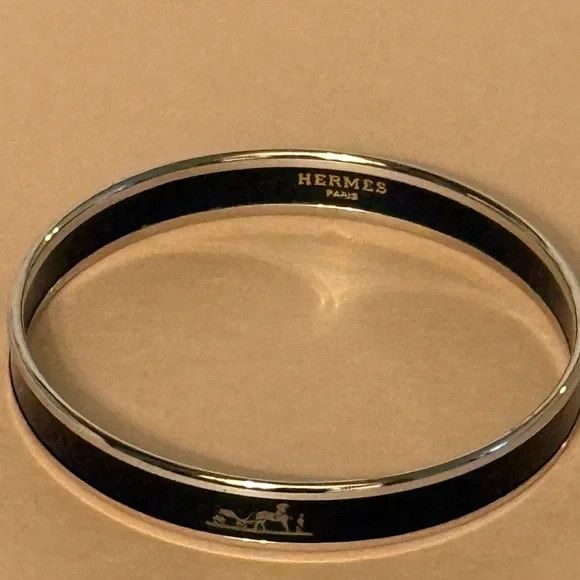 Authentic Hermes Enamel Pm Black/Silver Bangle Bracelet